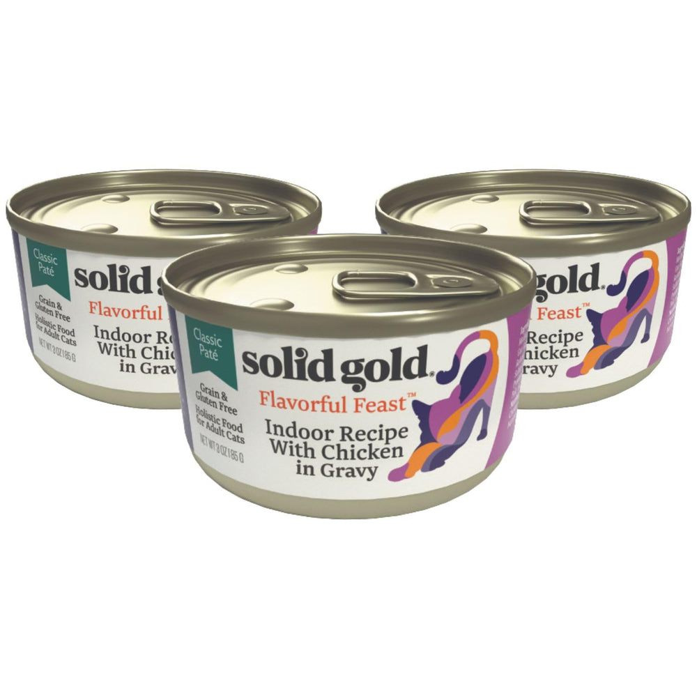 Solid Gold Wet Food Pate Flavorful Feast front label shows real chicken and grain free recipe for sensitive stomachs