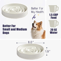 Soniuong ceramic slow-feeder bowl top view reduces gulping and bloat risk.