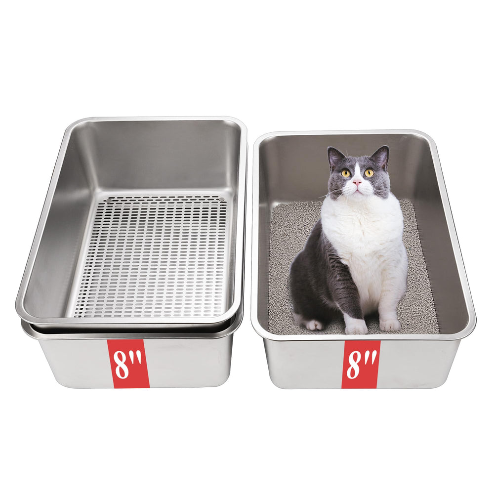 Sorstrem 8-inch sifting litter box front view in stainless steel for odor resistance and easy cleaning.