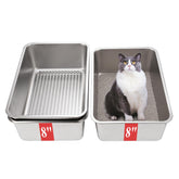 Sorstrem 8-inch sifting litter box front view in stainless steel for odor resistance and easy cleaning.