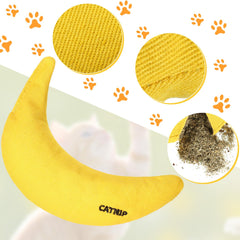 Sotiff yellow banana catnip toy demonstrates how it can distract cats from furniture scratching.