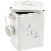 SOUJOY pet treat storage bin with lid and scoop in white keeps treats accessible and organized.