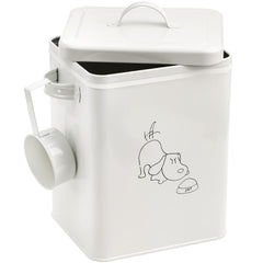 SOUJOY pet treat storage bin with lid and scoop in white keeps treats accessible and organized.