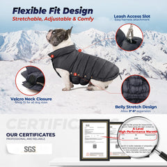 Space Lion dog puffer jacket side view demonstrates slim fit and easy movement.
