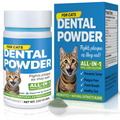 Spanielbuns Cat Dental Powder tub close-up showing natural ingredients for healthier feline gums.