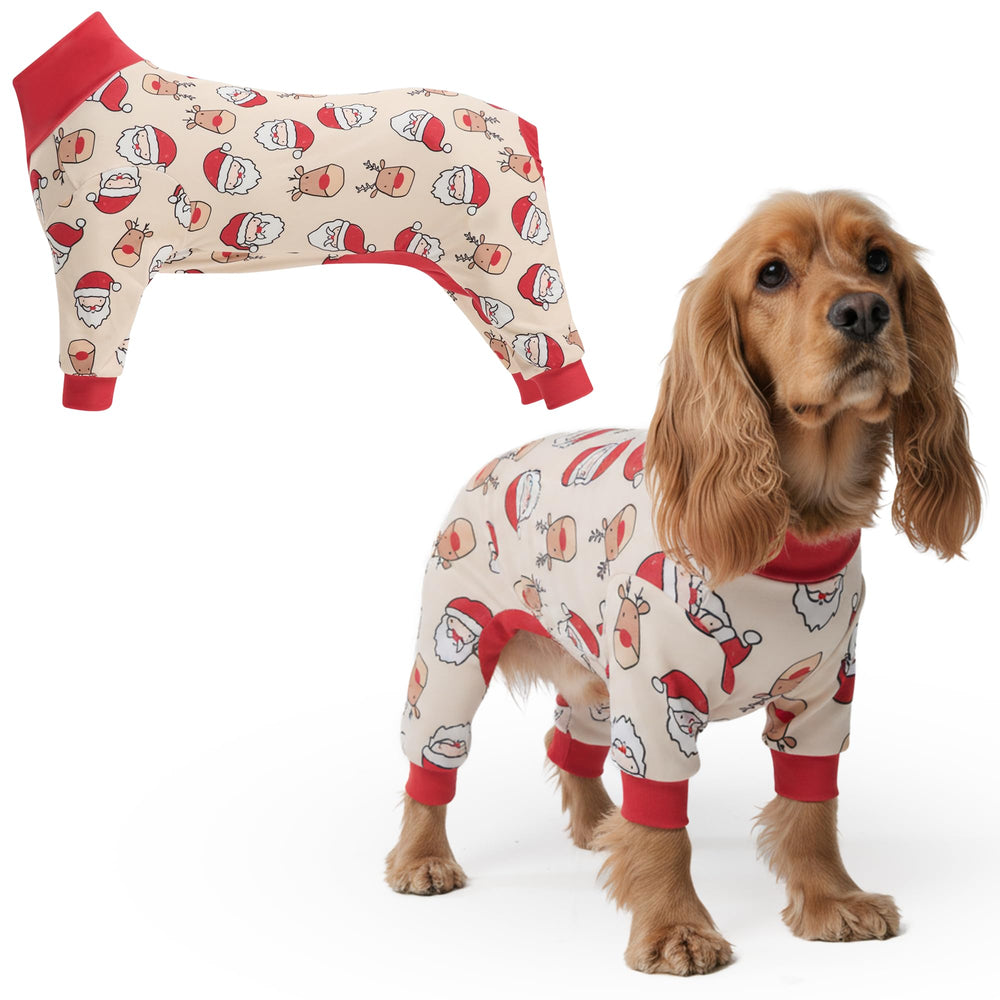 Spark Paws dog christmas pajama front view with Santa pattern for festive comfort