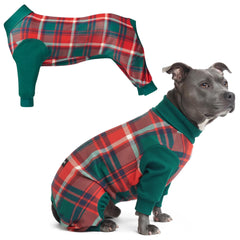 Spark Paws dog Christmas pajama front view highlights ultra-soft stretch fabric for cozy nights.