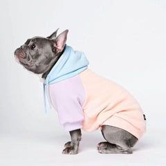 Spark Paws Dog Hoodie front view highlights cotton candy fabric and flexible four-way stretch for comfort.