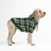 Spark Paws dog hoodie front view in green plaid delivers cozy warmth and flexible fit.