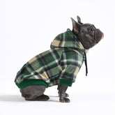 Spark Paws dog hoodie green plaid front view shows butter-stretch fabric for flexible movement.