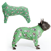 Spark Paws dog pajama 4-way stretch close-up shows flexible comfort for all sizes