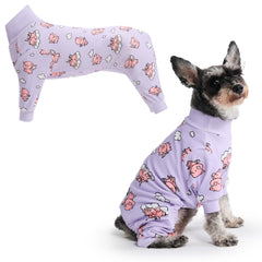 Spark Paws dog pajama front view highlights purple fabric with four-way stretch for lasting comfort