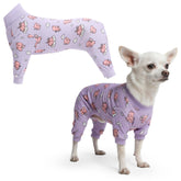 Spark Paws dog pajama front view in purple shows secure fit for restful nights.