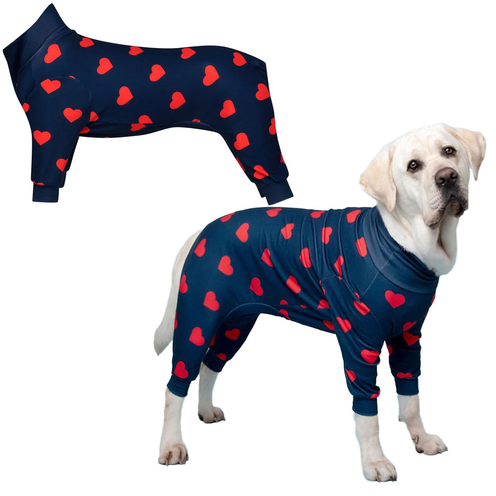 Spark Paws dog pajama heart front view highlights 4-way stretch for flexible movement
