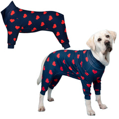 Spark Paws dog pajama heart front view highlights 4-way stretch for flexible movement
