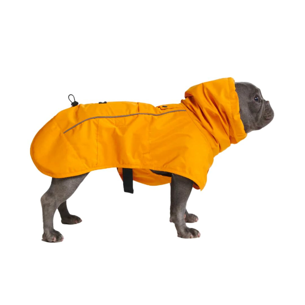 Spark Paws dog raincoat hood protects head from rain for dry walks.