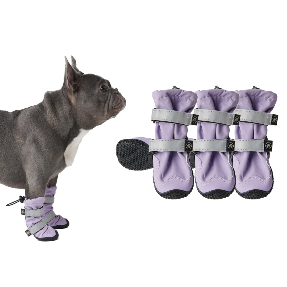 Spark Paws lilac dog shoes side view for secure-fit all-terrain walks.