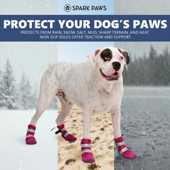 Spark Paws boots highlight reflective straps for safer night or dawn outings.