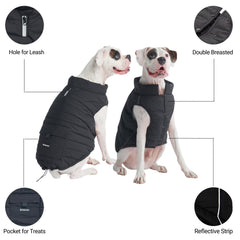 Spark Paws dog winter jacket back view with reflective straps for nighttime safety.