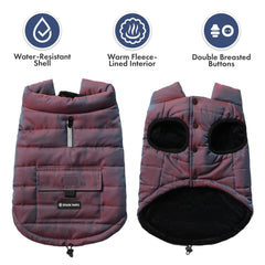 Spark Paws Cosmic dog winter jacket back view highlights full coverage and wind protection