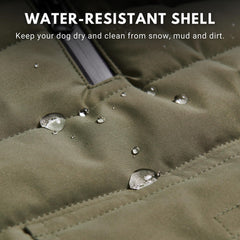 Spark Paws dog winter jacket olive exterior demonstrates water-resistant fabric for snowy days.