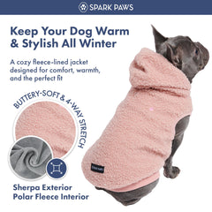 Spark Paws fleece dog jacket hood closeup shows secure button-on hood for windy days.