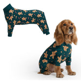 Spark Paws Gingerbread Man Pajama front view highlights ultra-soft fabric and four-way stretch for comfort