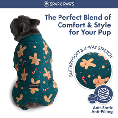 Spark Paws Gingerbread Man Pajama side view demonstrates full range motion with 4-way stretch