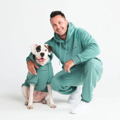Spark Paws human hoodie teal back view shows relaxed fit for casual everyday styling