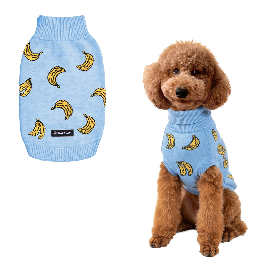Spark Paws Knit Dog Sweater Banana front view keeps pups warm during chilly walks.