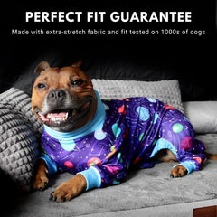 Spark Paws Planets L pajama four-way-stretch enables freedom of movement.