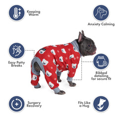 4-way stretch detail on Spark Paws Polar Bear XL pajama for freedom of movement.