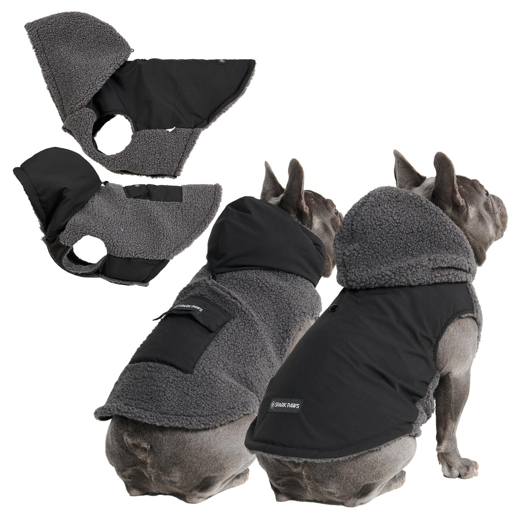 Spark Paws reversible fleece dog jacket front view showing warm outer and cozy inner fleece for cold walks
