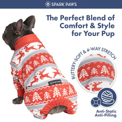 Spark Paws Winter Wonderland XL pajama stretch demonstrates 4-way movement freedom