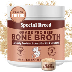 Special Breed bone broth powder packaging highlighting grass-fed beef broth for pets, a flavorful topper
