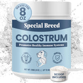 Special Breed bovine colostrum powder container front showing premium packaging and grass-fed promise
