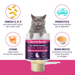 Special Breed cat multivitamin serving highlights a 90-day ongoing supply for care.