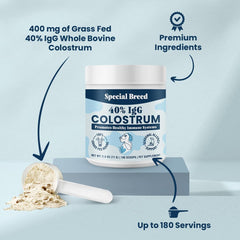 Special Breed colostrum powder being scooped for easy immune-support mixing.