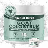Special Breed Goat Colostrum powder tub front supports pet immunity.