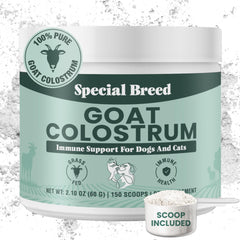 Special Breed Goat Colostrum powder tub front supports pet immunity.