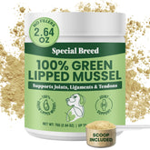Special Breed green lipped mussel powder bottle closeup for natural joint support.