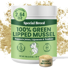 Special Breed green lipped mussel powder bottle closeup for natural joint support.