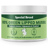 Special Breed green lipped mussel powder being poured into a dog bowl for joint support.