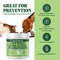 Special Breed mussel powder poured onto pet food for mixing