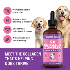 Special Breed Premium Collagen for Dogs liquid formula ready to mix with food for easy dosing.