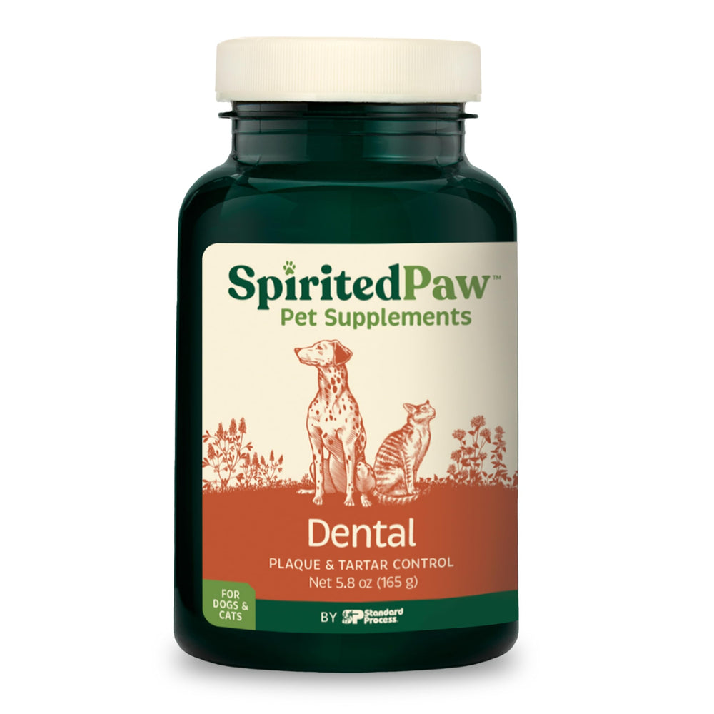 Spirited Paw Dental powder tub front supports easy daily dental care and fresh breath.