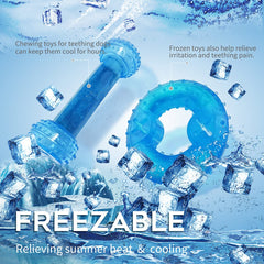 SPOFLY freezable puppy teething toy ring blue closeup, durable BPA-free material and safe cooling.