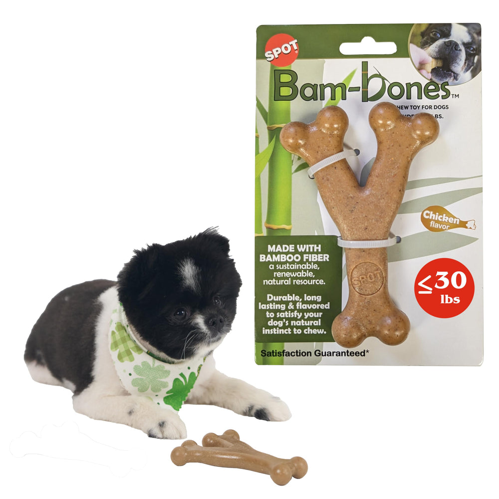 SPOT Bam-Bones Wishbone toy front view shows durable bamboo-fiber blend for small dogs.