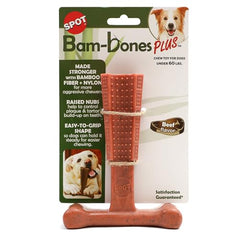 SPOT Bam-Bones Plus T-Bone chew close-up-teeth highlights textured surface for dental-friendly chewing.