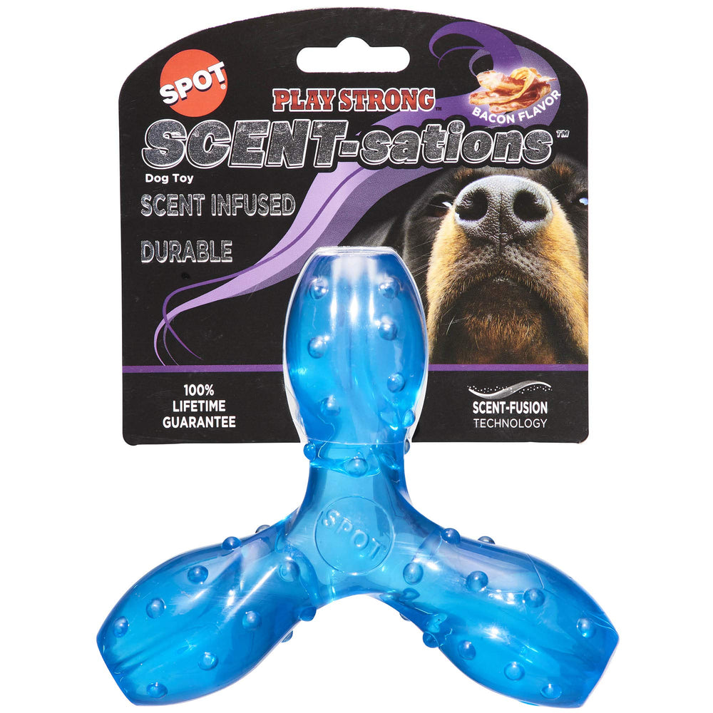 SPOT Play Strong Scent-sations Trident blue bacon-flavored toy for durable chewers and fetch play
